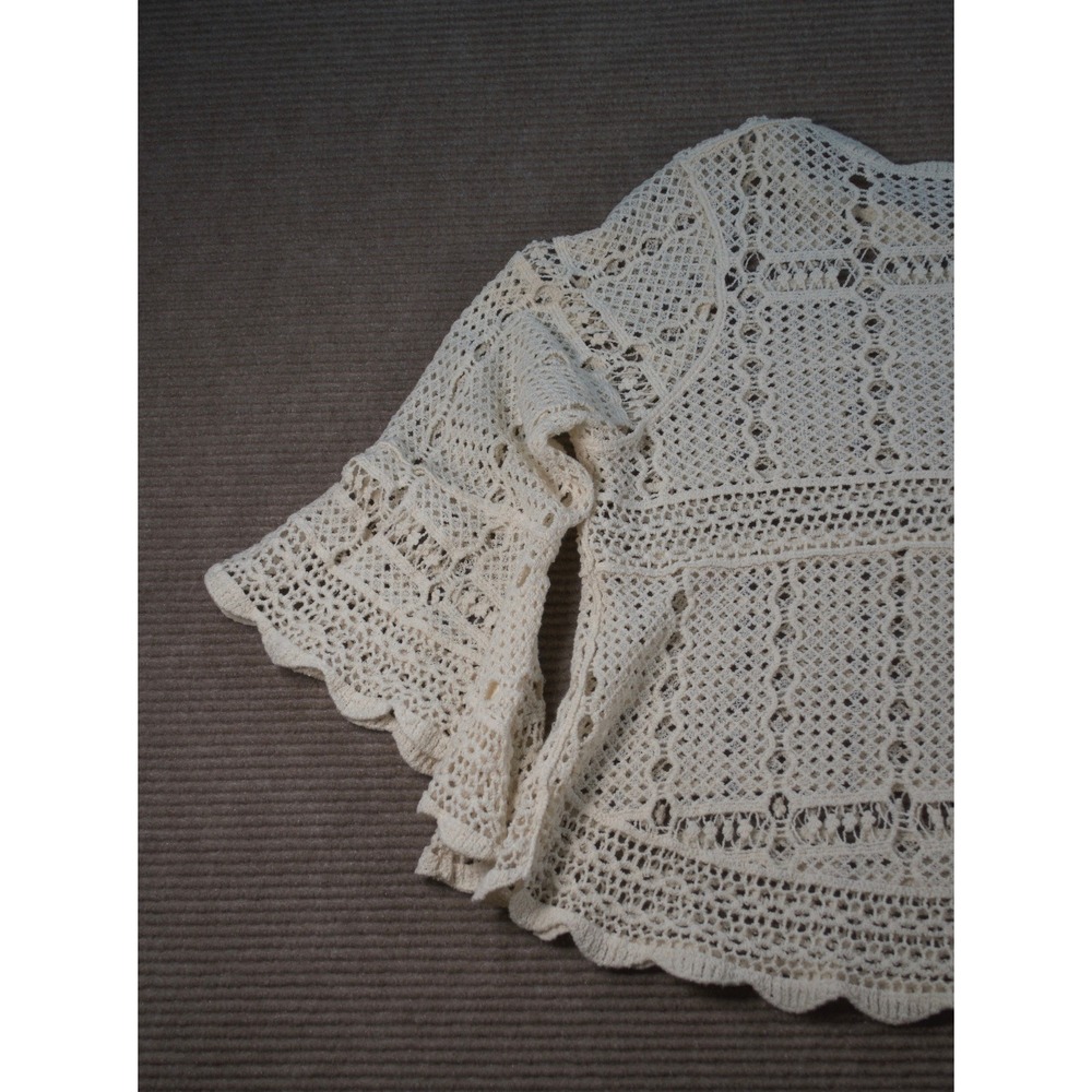 Boho Cream Cotton Crochet Open Knit Bell Sleeve Blouse Top M/L - Picture 9 of 9